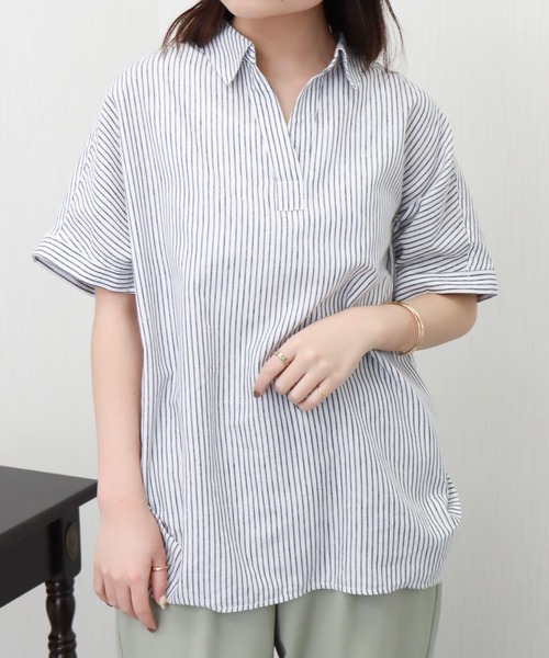 ブラウス シャツ 「抗菌・UVカット・吸水速乾」「やわさらリネン」ストライプスキッパーシャツ レディース Re-J&SUPURE｜【吸水速乾・抗菌防臭・UV】やわさらリネン