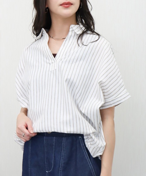 libelle more(リベル モア)の「やわさらリネン〈洗濯機可能・吸水速乾・UVカット〉ストライプスキッパーシャツ(シャツ/ブラウス・レディース・ブルー系その他/ホワイト×ネイビー/ホワイト系その他/ホワイト×ブラック・M)」の3枚目の写真