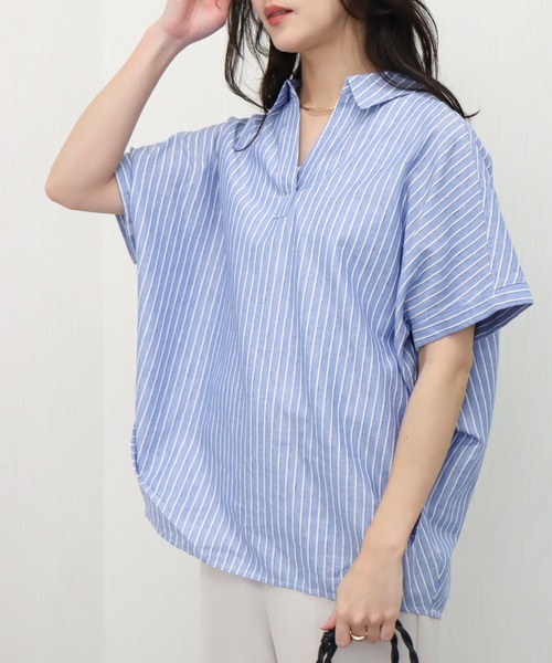 libelle more(リベル モア)の「やわさらリネン〈洗濯機可能・吸水速乾・UVカット〉ストライプスキッパーシャツ(シャツ/ブラウス・レディース・ブルー系その他/ホワイト×ネイビー/ホワイト系その他/ホワイト×ブラック・M)」の15枚目の写真