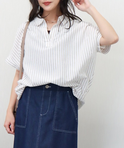 libelle more(リベル モア)の「やわさらリネン〈洗濯機可能・吸水速乾・UVカット〉ストライプスキッパーシャツ(シャツ/ブラウス・レディース・ブルー系その他/ホワイト×ネイビー/ホワイト系その他/ホワイト×ブラック・M)」の8枚目の写真