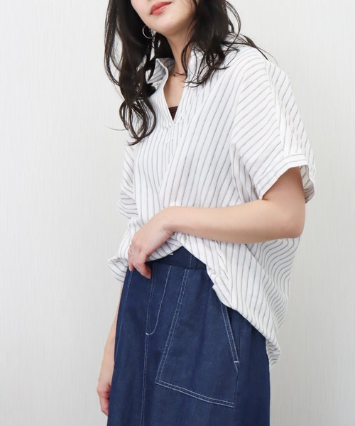 libelle more(リベル モア)の「やわさらリネン〈洗濯機可能・吸水速乾・UVカット〉ストライプスキッパーシャツ(シャツ/ブラウス・レディース・ブルー系その他/ホワイト×ネイビー/ホワイト系その他/ホワイト×ブラック・M)」の9枚目の写真