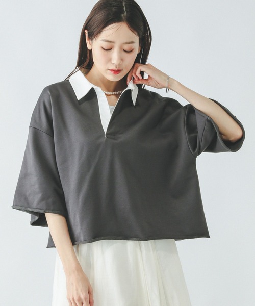 GLOBAL WORK（グローバルワーク）の「裏毛スキッパープルオーバー7分袖/289385（Tシャツ/カットソー・レディース・杢グレー/スミクロ/モスグリーン・MEDIUM/LARGE）」の6枚目の写真