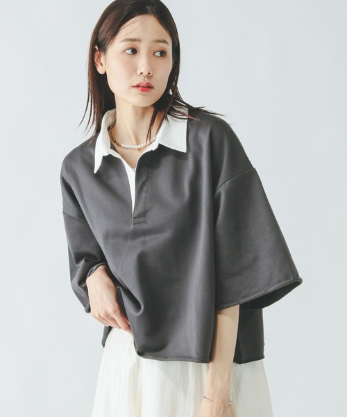 GLOBAL WORK（グローバルワーク）の「裏毛スキッパープルオーバー7分袖/289385（Tシャツ/カットソー・レディース・杢グレー/スミクロ/モスグリーン・MEDIUM/LARGE）」の7枚目の写真