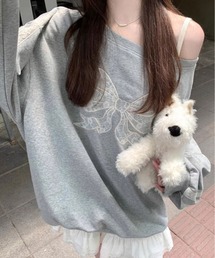 ワンショルダー リボンレース スウェット プルオーバー