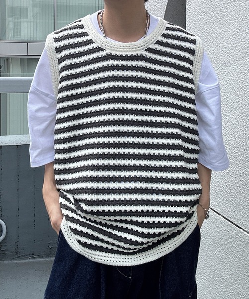 CREARE -LINO-（クレアーレリノ）の「ボーダーニットベスト（ベスト・メンズ・グレー/ホワイト・FREE）」の15枚目の写真
