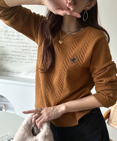 classicalelf(クラシカルエルフ)の「大人のためのコンパクトニット。胸刺繍ショート丈ケーブル編みニット(長袖)(ニット/セーター・レディース・キャメル/ピンク/チャコール/グレイッシュベージュ/アイボリー/ブルー・LARGE/MEDIUM/SMALL/X-LARGE)」の22枚目の写真