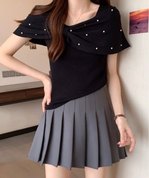 kirakiraShop(キラキラショップ)の「オフショル リボン パール 半袖 ニット(ニット/セーター・レディース・ホワイト/ブラック・FREE)」の4枚目の写真