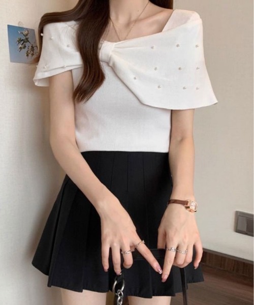 kirakiraShop(キラキラショップ)の「オフショル リボン パール 半袖 ニット(ニット/セーター・レディース・ホワイト/ブラック・FREE)」の10枚目の写真