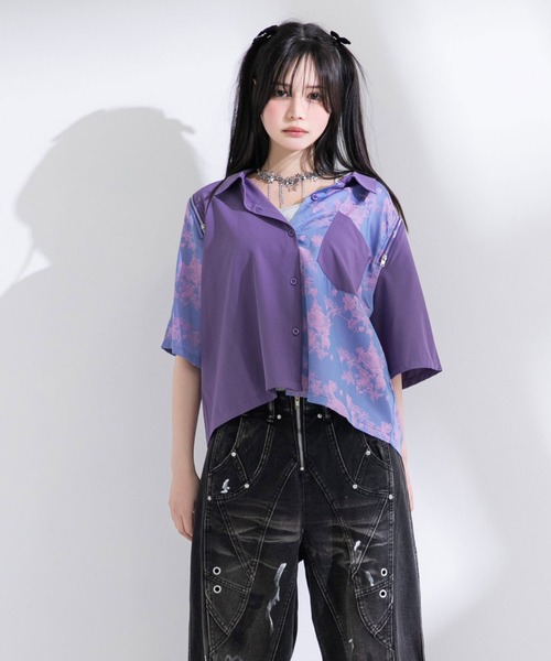 Diable baiser(ディアブルベーゼ)の「インパクト柄配色肩ジップ開き半袖シャツトップス(シャツ/ブラウス・レディース・ネイビー/パープル/ブラック・FREE)」の15枚目の写真