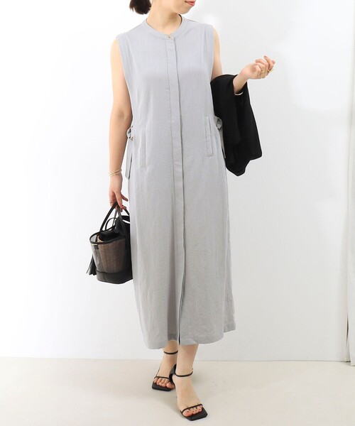 MICO COULIER（ミコクリエ）の「麻調合繊タック切替シャツワンピース（ワンピース・レディース・ブラック系その他/ネイビー/グレー系その他/グレイッシュベージュ・38）」の3枚目の写真