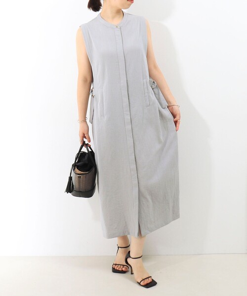 MICO COULIER（ミコクリエ）の「麻調合繊タック切替シャツワンピース（ワンピース・レディース・ブラック系その他/ネイビー/グレー系その他/グレイッシュベージュ・38）」の6枚目の写真