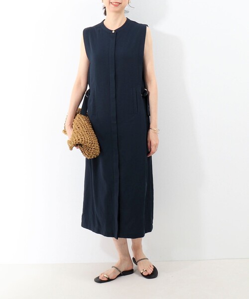 MICO COULIER（ミコクリエ）の「麻調合繊タック切替シャツワンピース（ワンピース・レディース・ブラック系その他/ネイビー/グレー系その他/グレイッシュベージュ・38）」の9枚目の写真