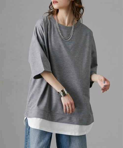 Soiunique（スワユニーク）の「重ね着風ゆったり半袖トップス［Soiunique］（Tシャツ/カットソー・レディース・ブラック/ブルー/杢グレー・LL/M/L）」の5枚目の写真