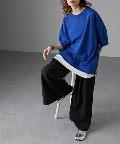 Soiunique（スワユニーク）の「重ね着風ゆったり半袖トップス［Soiunique］（Tシャツ/カットソー・レディース・ブラック/ブルー/杢グレー・LL/M/L）」の14枚目の写真