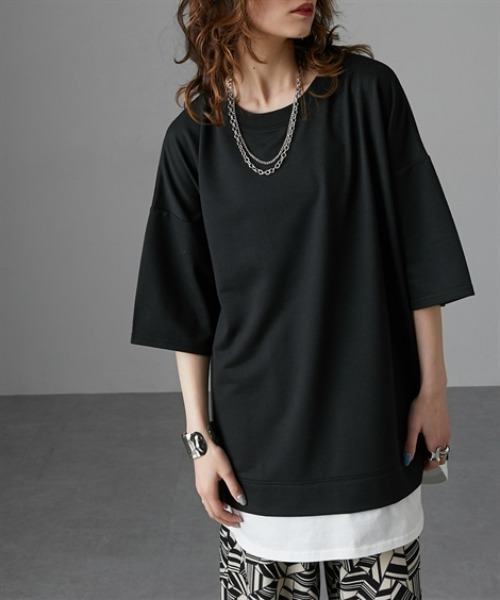 Soiunique（スワユニーク）の「重ね着風ゆったり半袖トップス［Soiunique］（Tシャツ/カットソー・レディース・ブラック/ブルー/杢グレー・LL/M/L）」の19枚目の写真