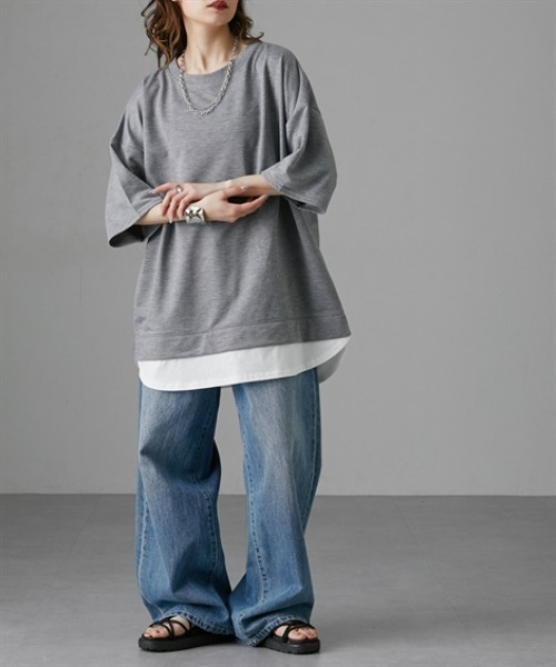 Soiunique（スワユニーク）の「重ね着風ゆったり半袖トップス［Soiunique］（Tシャツ/カットソー・レディース・ブラック/ブルー/杢グレー・LL/M/L）」の22枚目の写真