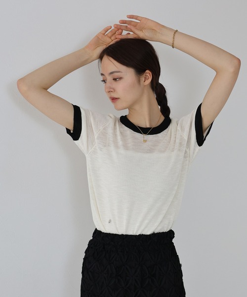 J by blue(ジェイバイブルー)の「ロゴ配色シアーニット(ニット/セーター・レディース・アイボリー/モカ/ミント・MEDIUM)」の2枚目の写真