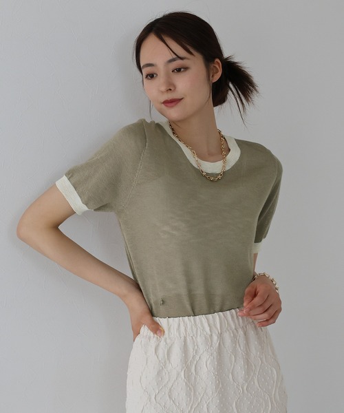 J by blue(ジェイバイブルー)の「ロゴ配色シアーニット(ニット/セーター・レディース・アイボリー/モカ/ミント・MEDIUM)」の1枚目の写真