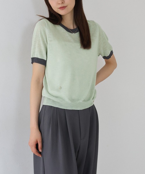 rienda シアーボーダーニットカーディガン シアー トップス 春服 グリーン セール】ロゴ配色シアーニット（ニット/セーター）｜J by blue