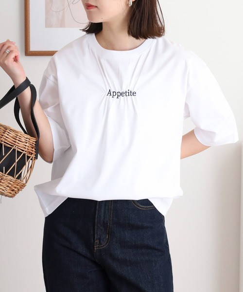 Anna Nicola(アンナニコラ)の「Anna Nicola ギャザーロゴ刺繍半袖カットソー(Tシャツ/カットソー・レディース・グリーン/ブラック/オフホワイト・38)」の2枚目の写真