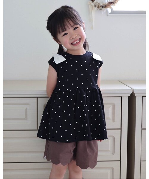 apres les cours（アプレレクール）の「【接触冷感/ジュニア対応】肩リボンペプラムTシャツ（Tシャツ/カットソー・キッズ・レッド/ドット/ブルー/イエロー・120/110/100/90/140/130/80）」の7枚目の写真