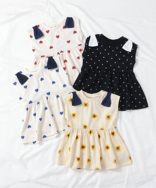 apres les cours（アプレレクール）の「【接触冷感/ジュニア対応】肩リボンペプラムTシャツ（Tシャツ/カットソー・キッズ・レッド/ドット/ブルー/イエロー・120/110/100/90/140/130/80）」の8枚目の写真