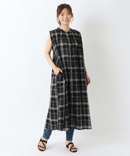 ネイビー チェック柄 ノースリーブ ワンピース セール】コットン先染めチェック柄ノースリーブワンピース