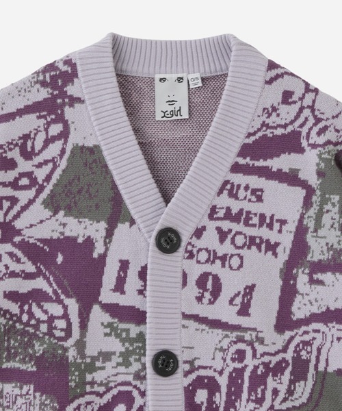 X-girl（エックスガール）の「COLLAGE GRAPHIC JACQUARD KNIT CARDIGAN（カーディガン/ボレロ・レディース・オリーブ/パープル・ONE SIZE）」の13枚目の写真
