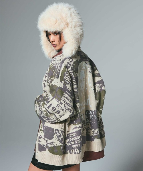 X-girl（エックスガール）の「COLLAGE GRAPHIC JACQUARD KNIT CARDIGAN（カーディガン/ボレロ・レディース・オリーブ/パープル・ONE SIZE）」の12枚目の写真