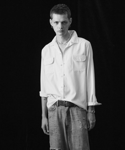 glamb（グラム）の「Blue Noise Open Collar Shirt / ブルーノイズオープンカラーシャツ（シャツ/ブラウス・メンズ・ホワイト/ネイビー・S/M/L）」の8枚目の写真