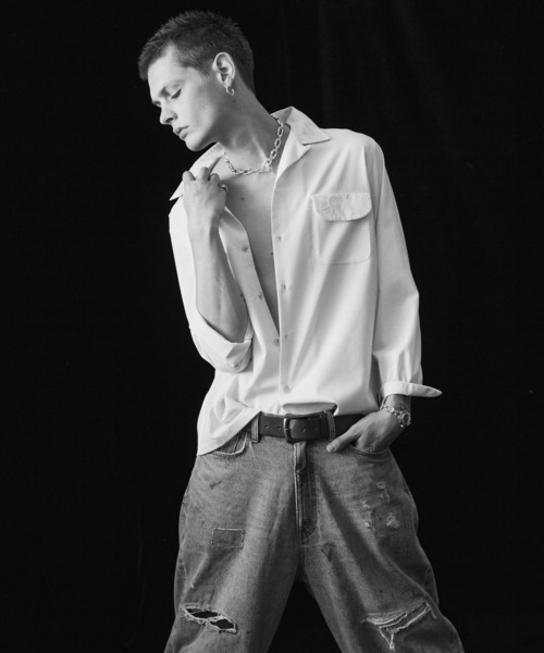 glamb（グラム）の「Blue Noise Open Collar Shirt / ブルーノイズオープンカラーシャツ（シャツ/ブラウス・メンズ・ホワイト/ネイビー・S/M/L）」の6枚目の写真