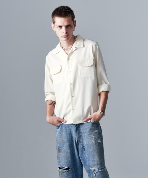 glamb（グラム）の「Blue Noise Open Collar Shirt / ブルーノイズオープンカラーシャツ（シャツ/ブラウス・メンズ・ホワイト/ネイビー・S/M/L）」の19枚目の写真