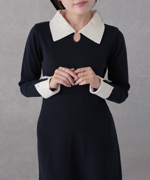 配色 襟付き パール ロング ニット ワンピース