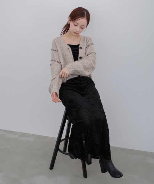 チョココロネ　Cニット ブラック セール】チョコチップ風ネップ ショート丈ニットカーディガン