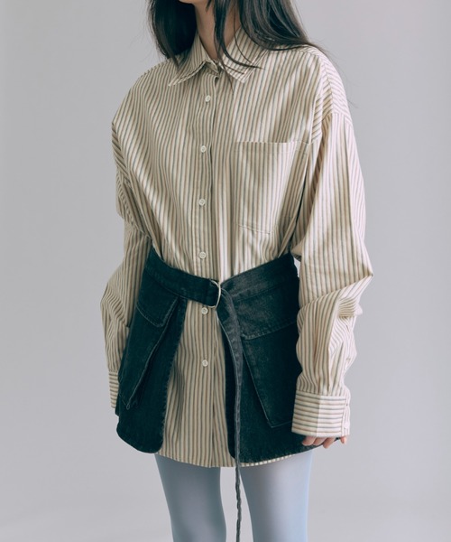 EN NEUME(エンノイム)の「Vintage Stripe Double Collar Over Shirt(シャツ/ブラウス・レディース・ベージュ/ネイビー/ブラウン・FREE)」の11枚目の写真