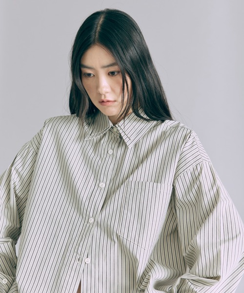 EN NEUME(エンノイム)の「Vintage Stripe Double Collar Over Shirt(シャツ/ブラウス・レディース・ベージュ/ネイビー/ブラウン・FREE)」の14枚目の写真