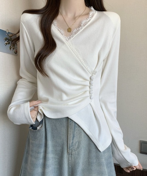 2ly2(トゥーリートゥー)の「レース×アシンメトリーデザイントップス(Tシャツ/カットソー・レディース・ホワイト/ブラック/グレー・FREE)」の1枚目の写真