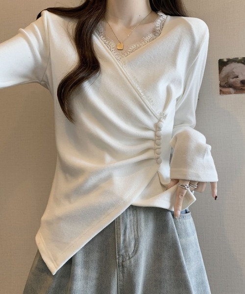 2ly2(トゥーリートゥー)の「レース×アシンメトリーデザイントップス(Tシャツ/カットソー・レディース・ホワイト/ブラック/グレー・FREE)」の4枚目の写真