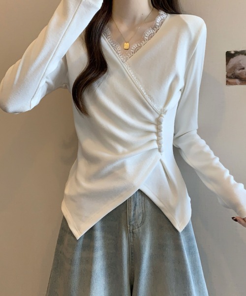 2ly2(トゥーリートゥー)の「レース×アシンメトリーデザイントップス(Tシャツ/カットソー・レディース・ホワイト/ブラック/グレー・FREE)」の7枚目の写真