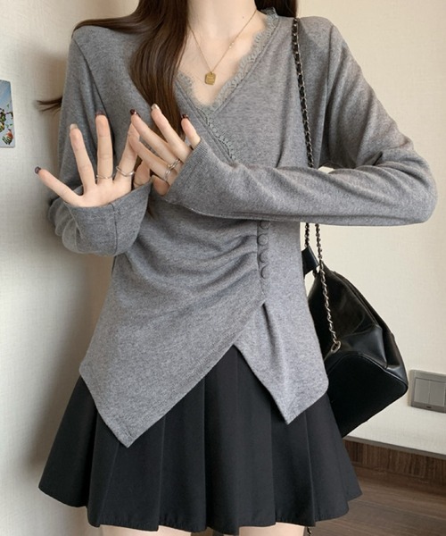 2ly2(トゥーリートゥー)の「レース×アシンメトリーデザイントップス(Tシャツ/カットソー・レディース・ホワイト/ブラック/グレー・FREE)」の12枚目の写真