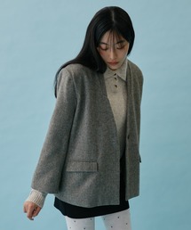 ノーカラージャケット（グリーン・カーキ/緑色系・ツイード