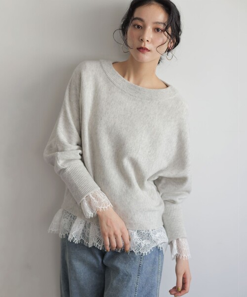 組曲(クミキョク)の「ウールカシミヤミックスボートネック ニット(ニット/セーター・レディース・ライトグレー系/ブラック系/スモーキーグリーン系・7/5/6)」の1枚目の写真