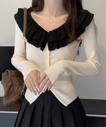 配色フリルカーディガン