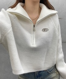 プレート付きハーフジップショート丈ニット
