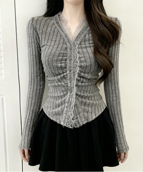 トップス C セール】Y2K フリルフロントボタンギャザーリブトップス（Tシャツ