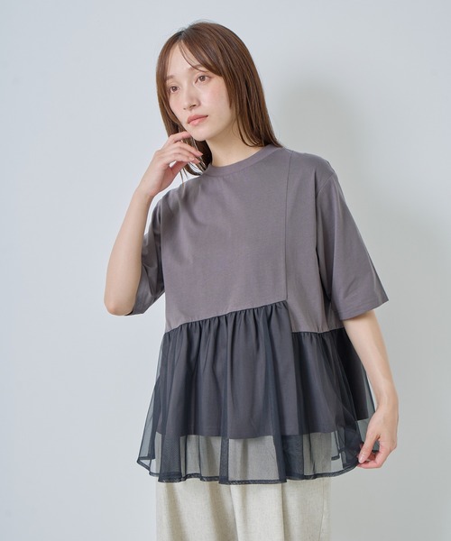Kelen(ケレン)の「「KELEN / ケレン」アシンメトリー異素材コンビトップス(Tシャツ/カットソー・レディース・チャコールグレー/オフホワイト/ブラック/カーキ・S/M)」の1枚目の写真