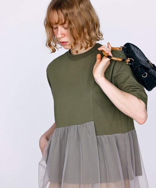 Kelen(ケレン)の「「KELEN / ケレン」アシンメトリー異素材コンビトップス(Tシャツ/カットソー・レディース・チャコールグレー/オフホワイト/ブラック/カーキ・S/M)」の6枚目の写真