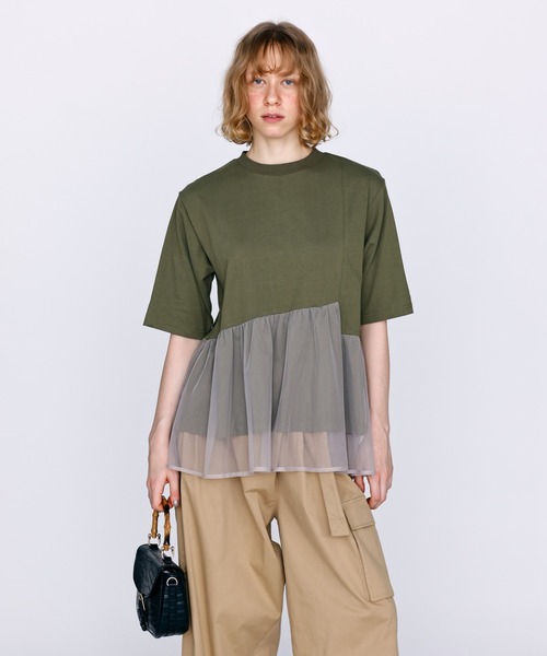 Kelen(ケレン)の「「KELEN / ケレン」アシンメトリー異素材コンビトップス(Tシャツ/カットソー・レディース・チャコールグレー/オフホワイト/ブラック/カーキ・S/M)」の7枚目の写真