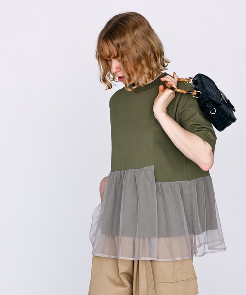 Kelen(ケレン)の「「KELEN / ケレン」アシンメトリー異素材コンビトップス(Tシャツ/カットソー・レディース・チャコールグレー/オフホワイト/ブラック/カーキ・S/M)」の9枚目の写真
