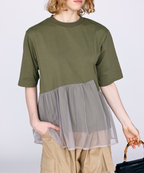Kelen(ケレン)の「「KELEN / ケレン」アシンメトリー異素材コンビトップス(Tシャツ/カットソー・レディース・チャコールグレー/オフホワイト/ブラック/カーキ・S/M)」の11枚目の写真